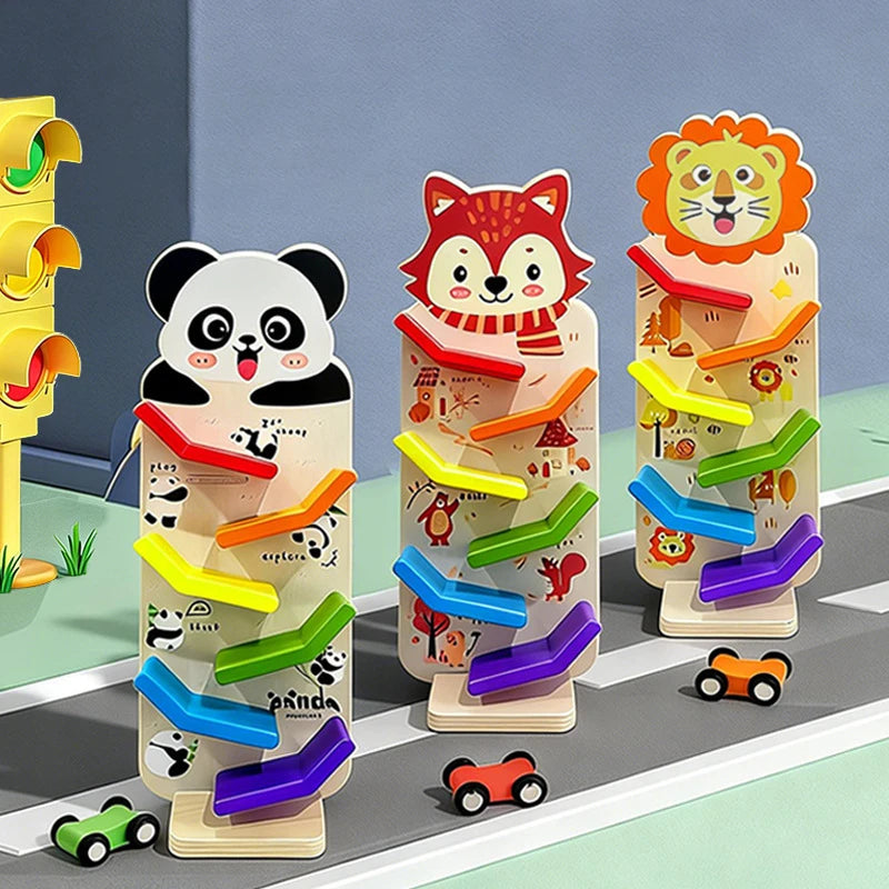 Wooden Animal Glider Car Early Education Focus Training Multi-layer Track Rolling Vehicle Parent-Child Interaction Toy for Kids