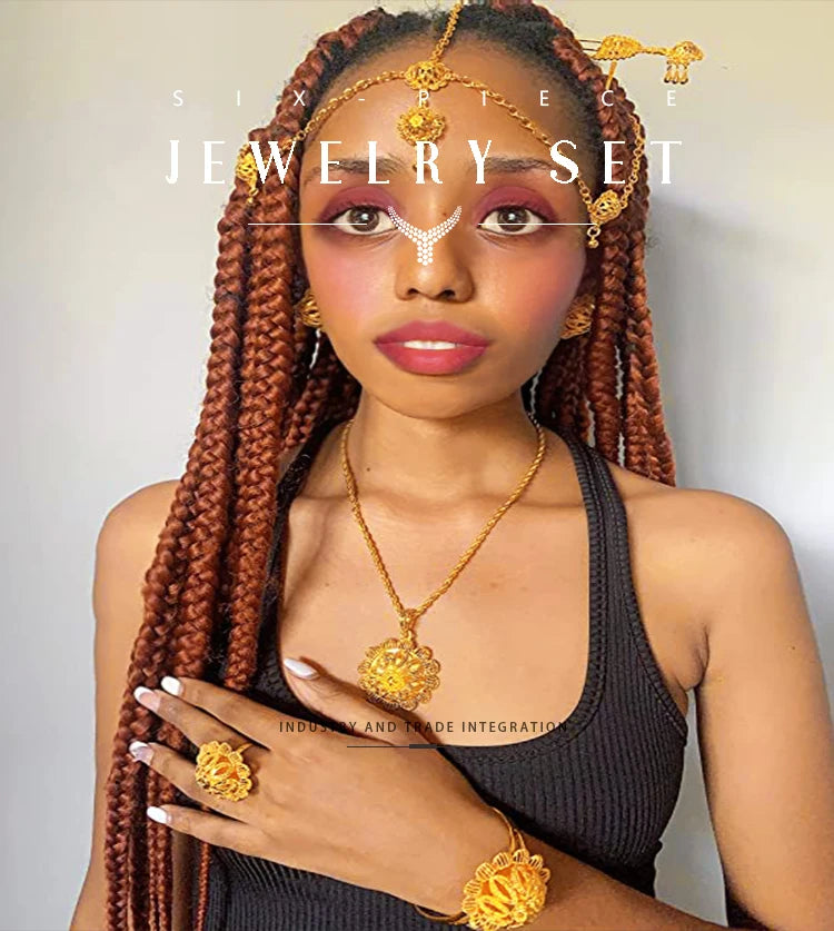 ANIID Ethiopian Gold Color 6pcs Jewelry Sets For Women Dubai Flower Shape Nigerian Luxury Necklace Jewellery Set Wedding Gifts