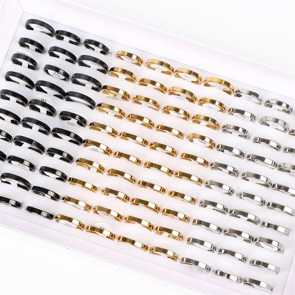 100Pcs/lot Fashion Smooth Stainless Steel Rings For Women Men Width 2-8mm Simple Lovers Jewelry Party