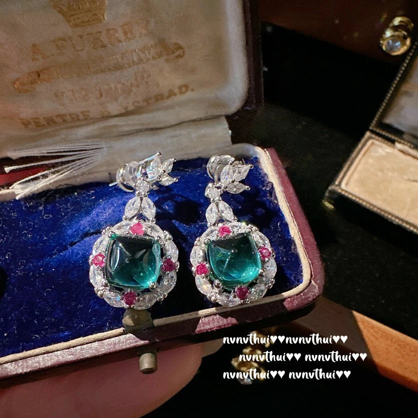 Luxury Vintage Tourmaline Lab Emerald Jewelry Sets for Women Platinum Plating Green Gemstone Inlady Trendy Ring/Earring/Necklace