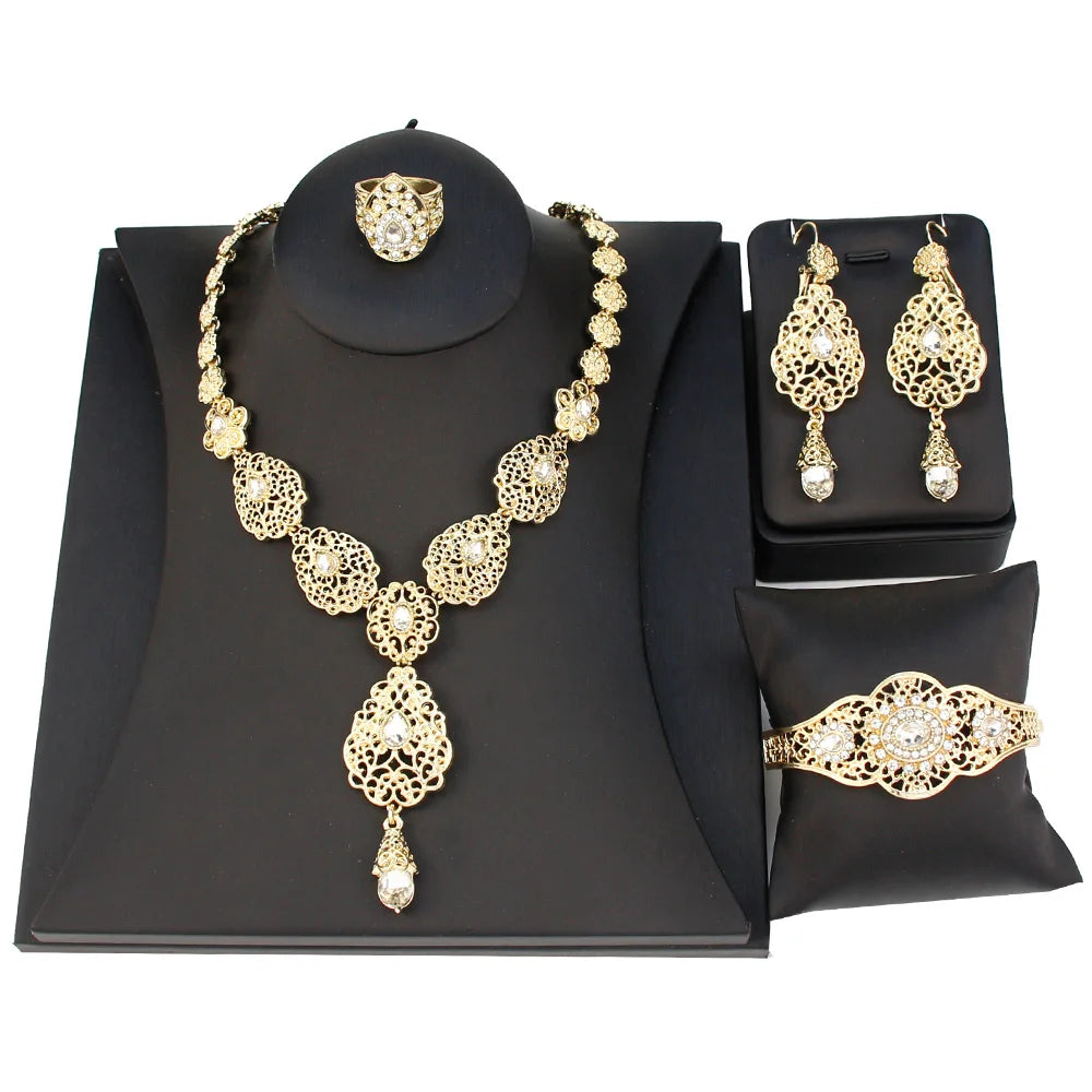 Arabic Jewelry Sets Morocco Choker Necklace Dangler Earring Bracelet Ring Gold Color Ethnic Women Charm Bijoux