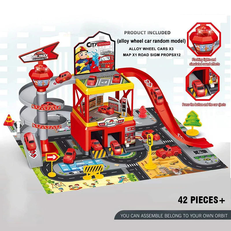 Kids Racing Track with Mini Cars Sliding Parking Lot Toys Multi-Storey Car Parking Fire Police Engineering Vehicle Boy Xmas Gift