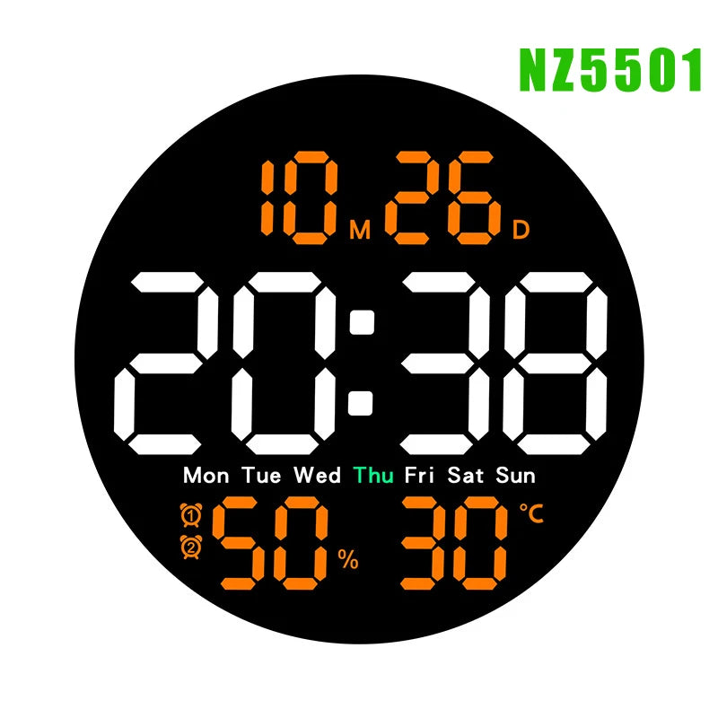 LED Wall Clock with Dual Alarms, Calendar and Temperature Display for Home Decoration. Brightness Adjustable