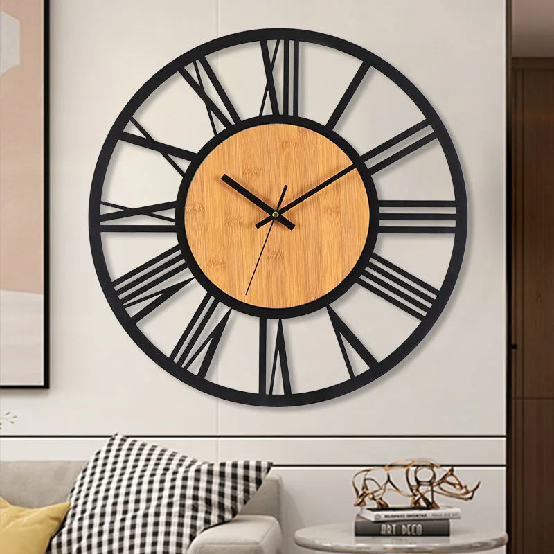 3D Large Wall Clocks Nordic Roman Numerals Retro Round Wood Metal Iron Accurate Silent Hanging Ornament Living Room Decoration