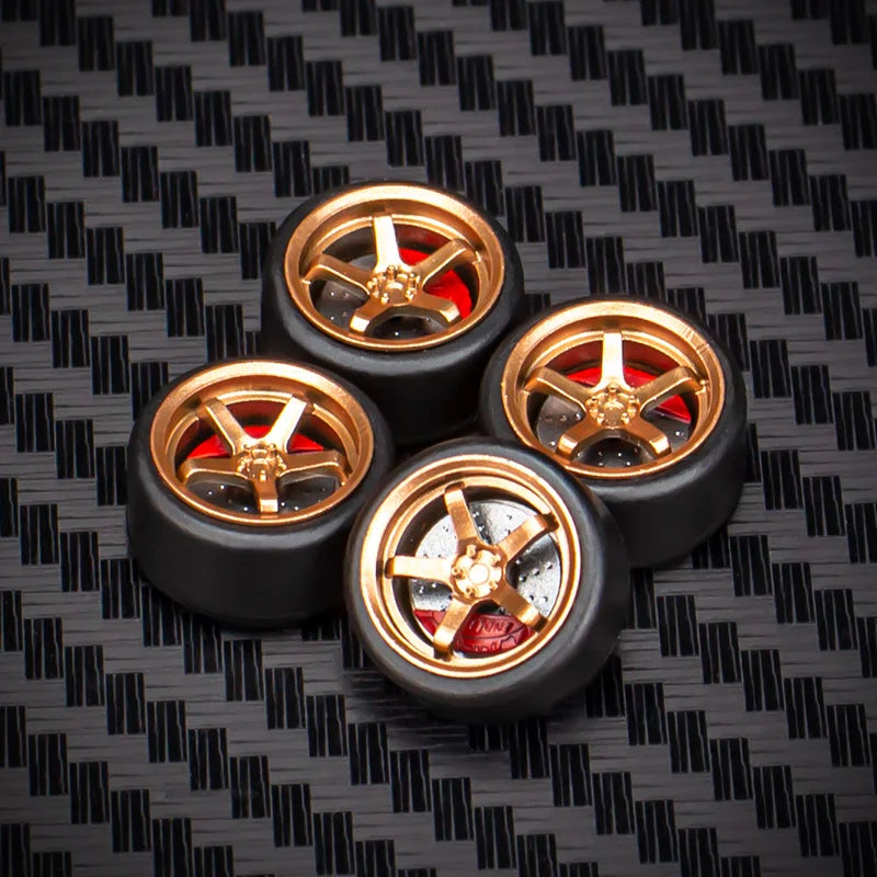 1/64 Car Model Bearing Wheels 9.8mm 10.8mm Rubber Tires W Brake Disc Caliper Axles Modify Spare Parts for 1:64 Cars