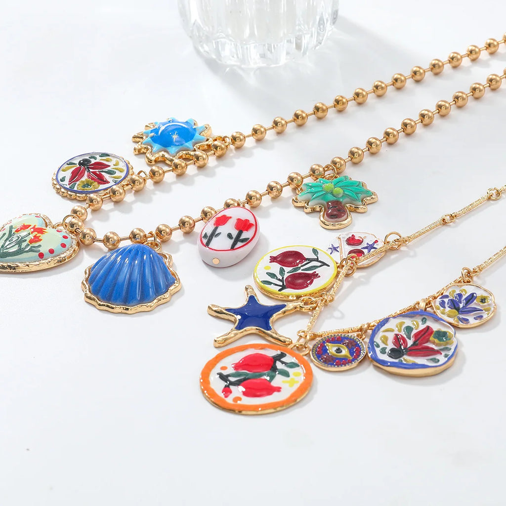 Personality Design Geometric Metal Painting Palm Tree Flower Pendant Necklaces for Women 2025 Trend Jewelry Neck Accessories