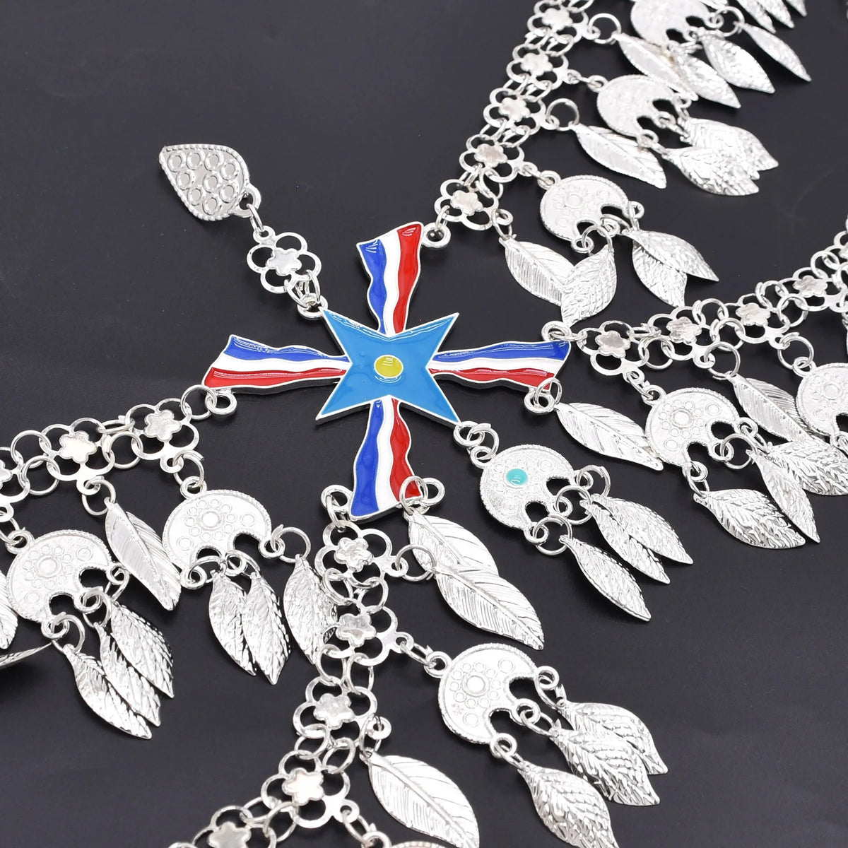 Silver Plated Assyrian Belt Hair Accessories Earrings for Women Kurdish Assyria Ethnic Colorful Flag Leaf Tassel Jewelry Sets