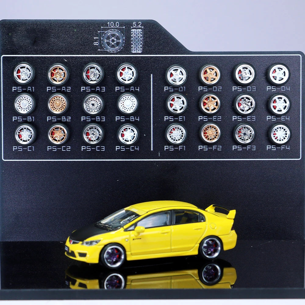 Kicarmod 1/64 Model Car ABS Wheels with Rubber Tire Brake Disc Metal Rims Diameter 10mm Refitting Parts For Model Car