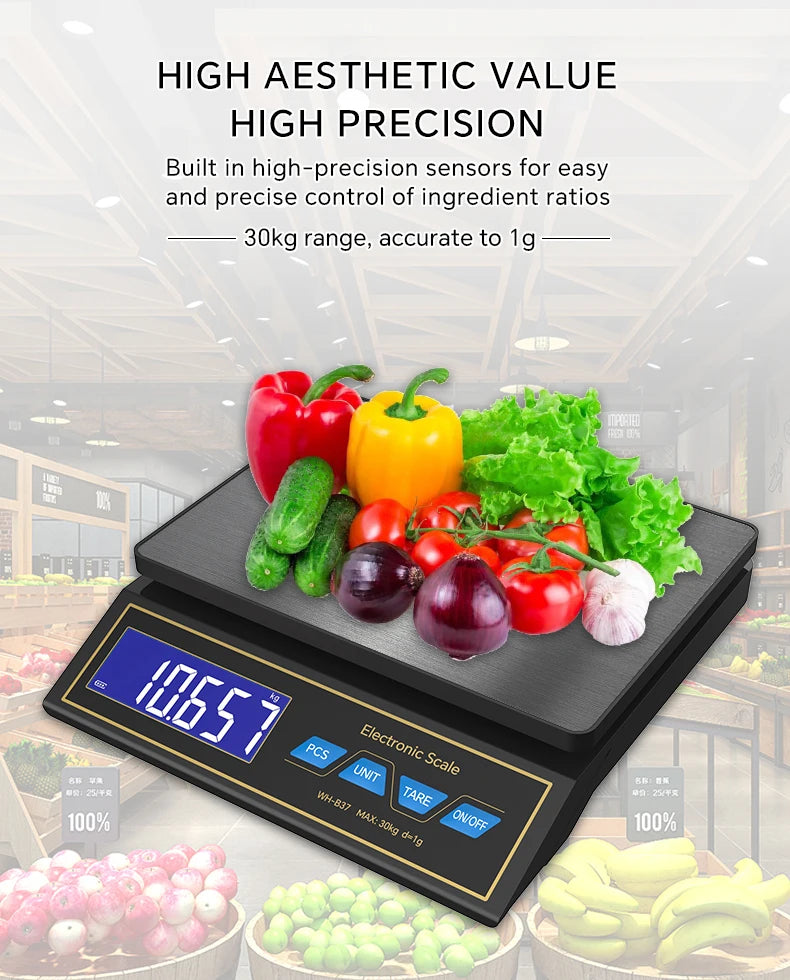 LCD Digital Kitchen Scale 30kg/1g Rechargeable Stainless Steel Panel Electronic Scales Home Jewelry Food Weighing Baking Tools