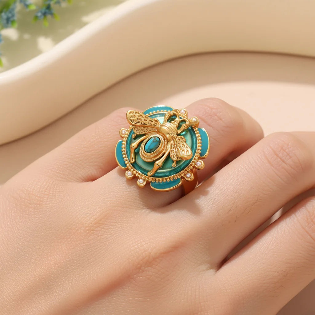 Elegant 18K Gold Plated Bee Charm Jewelry Set - Teal Enamel Ring, Pendant Necklace & Stud Earrings for Women