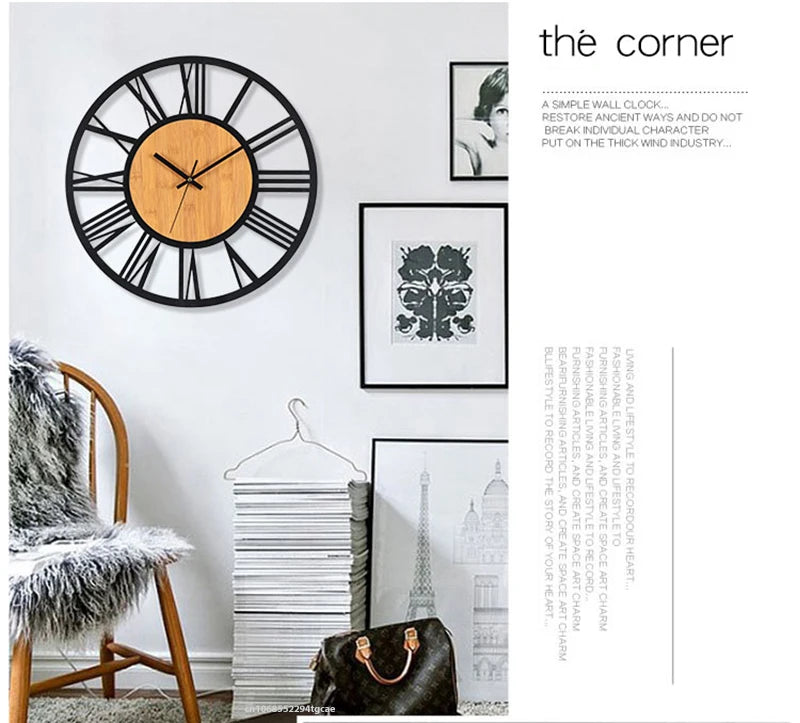 3D Large Wall Clocks Nordic Roman Numerals Retro Round Wood Metal Iron Accurate Silent Hanging Ornament Living Room Decoration