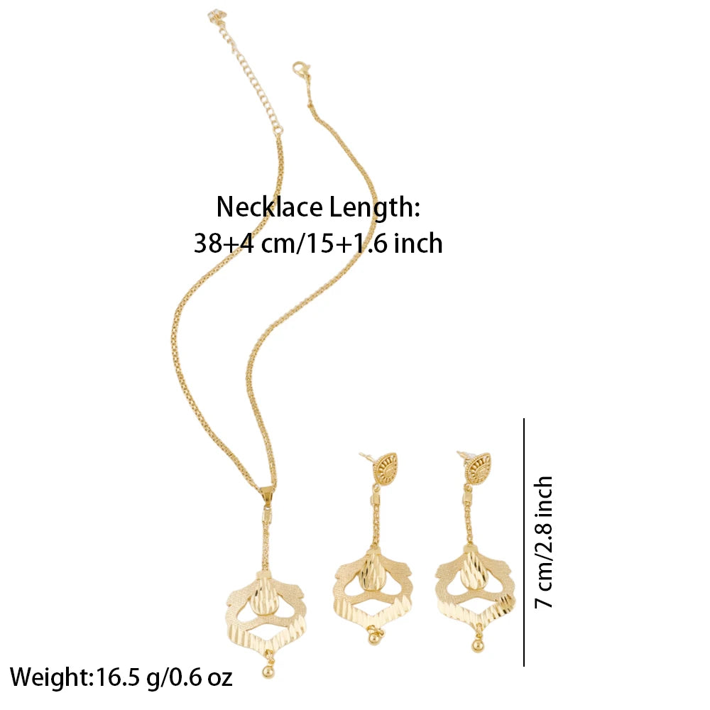 Dubai Gold Color Necklace Jewelry Set for Women Dangle Earrings and Necklace Bridal Weddings Earrings Engagement  Jewellery Gift