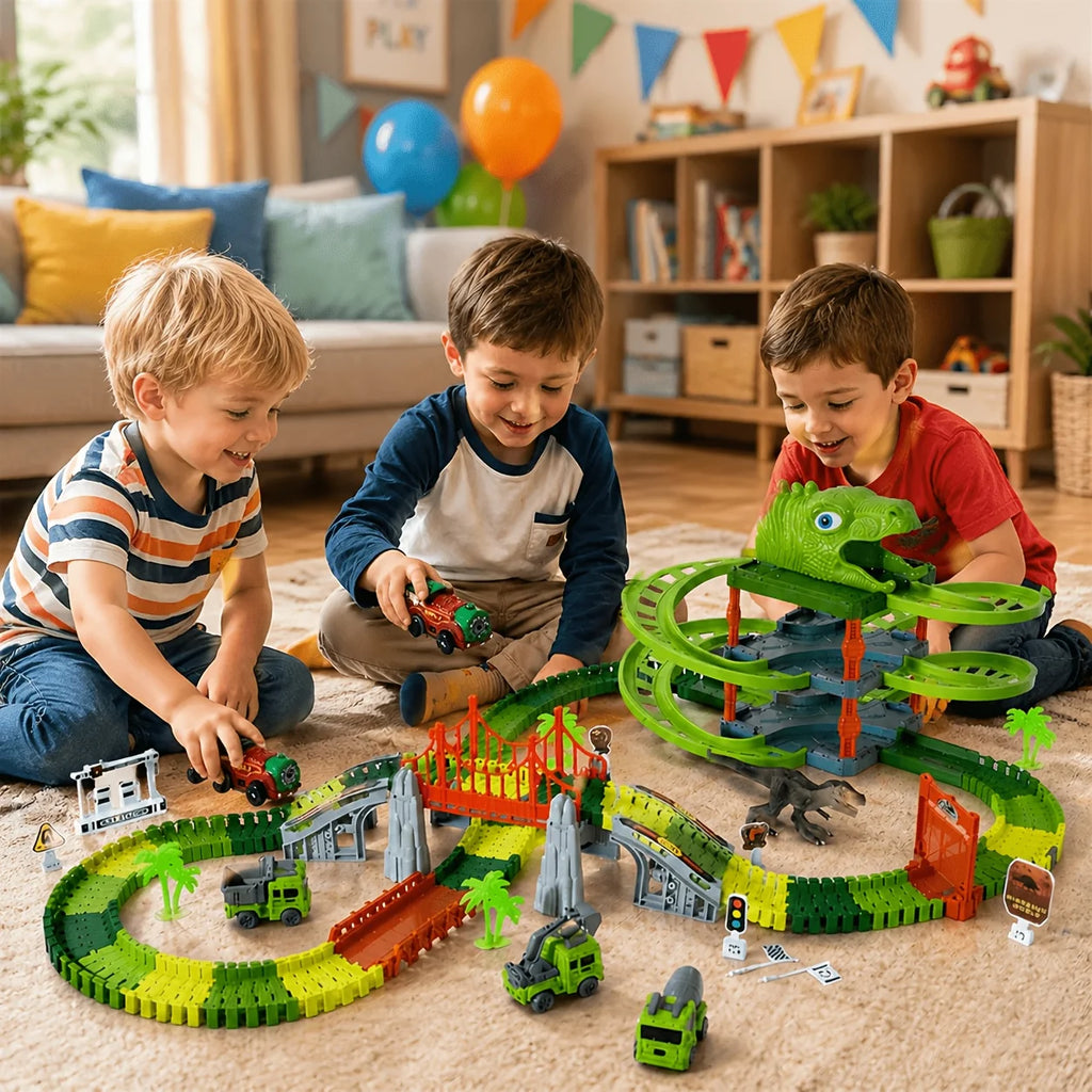 3-Layer Dinosaur Race Track Set with Cars, DIY Flexible Educational Construction Toy Gift for Kids Boys Birthday Christmas