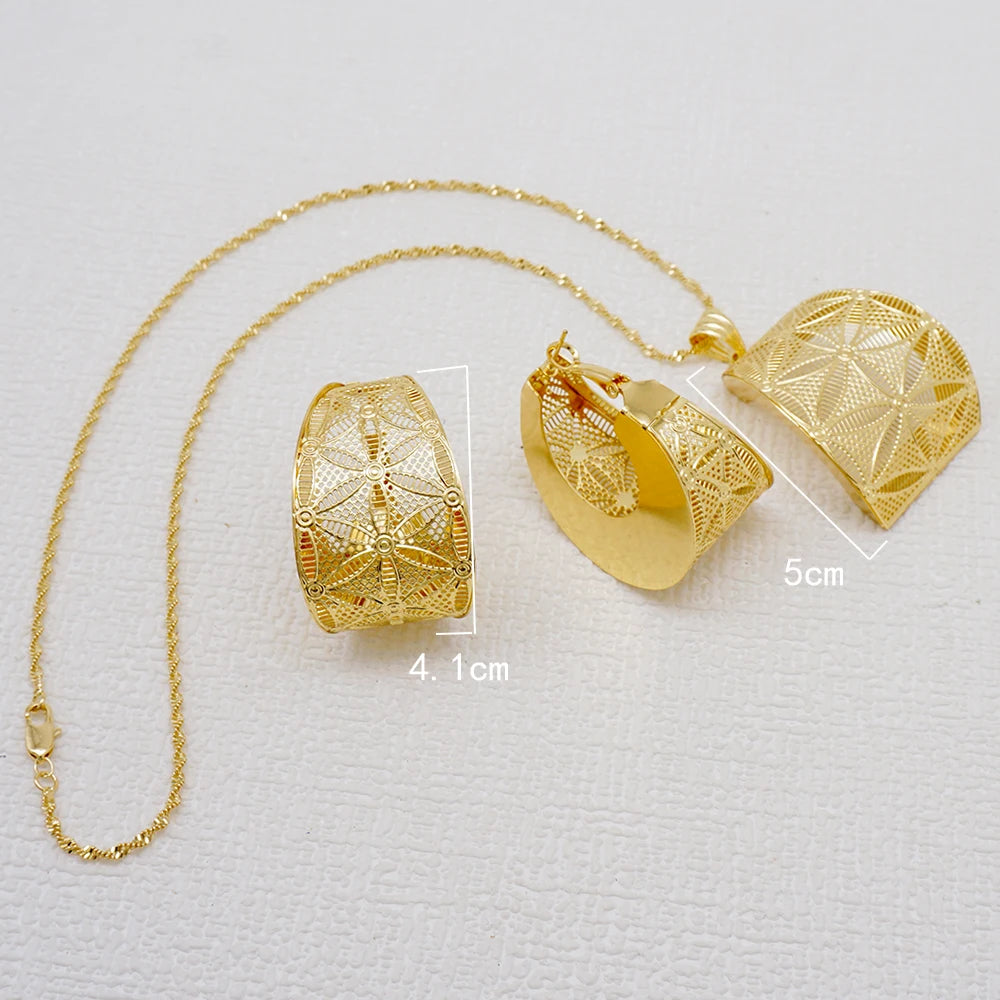 Fashion Dubai Jewelry Sets Gold Color Pendant Copper Classic Earrings Necklace For Women Daily Wear Party Anniversary Gifts