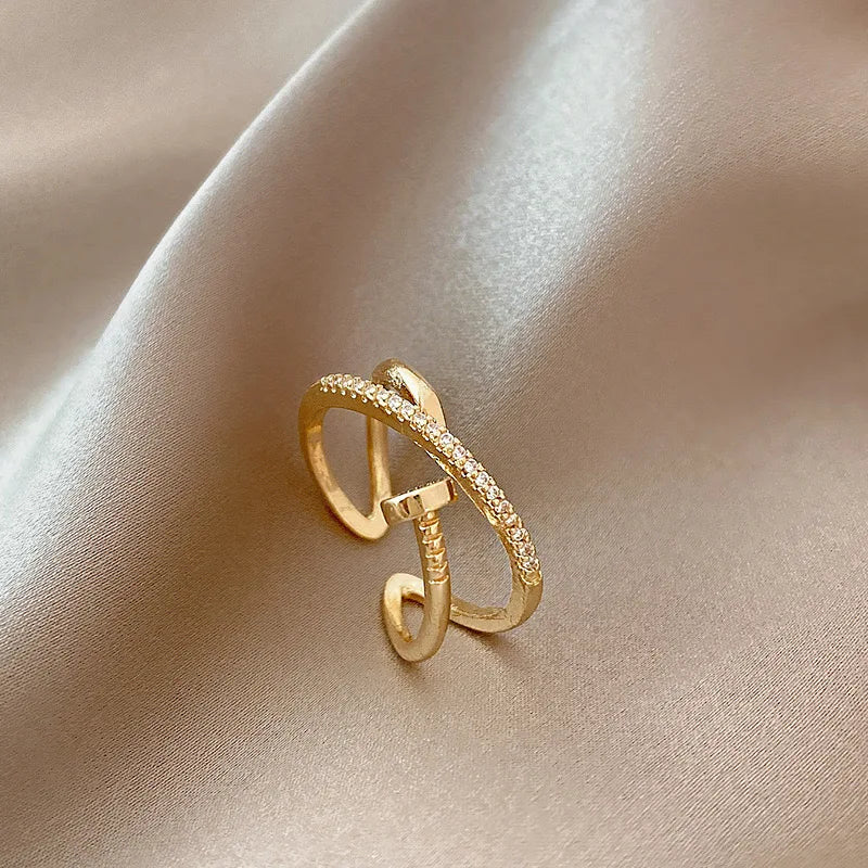 Classic Fashion Couple Ring, Copper Zirconia Women's Adjustable Ring, Fashion Gold Metal Crystal Needle Ring