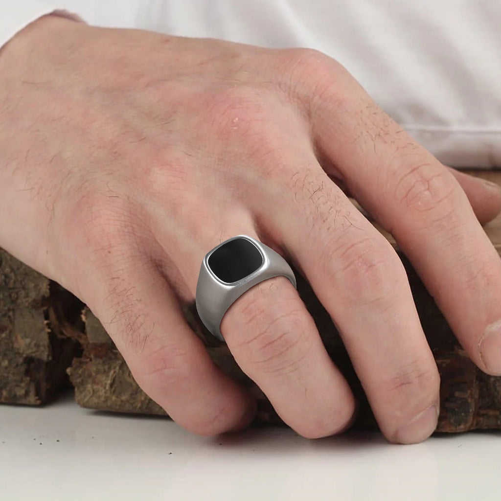 Vnox 12.5mm Signet Ring for Men, Black Square Top Stainless Steel Finger Band, Gothic Punk Rock Boy Stamp Rings