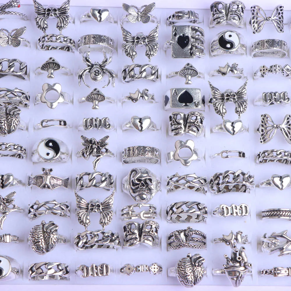 10/20/30/50/100Pcs/Lot Retro Punk Bohemian Rhinestone Carve Rings For Women Mix Style Jewelry Party Gifts Accessories Wholesale