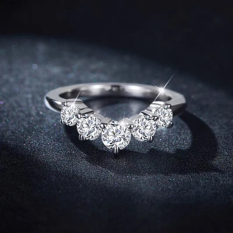 5 Stone Moissanite Wedding Rings Round Brilliant Cut Half Eternity Band 925 Silver 3mm Lab Diamond Wedding Ring for Women Men