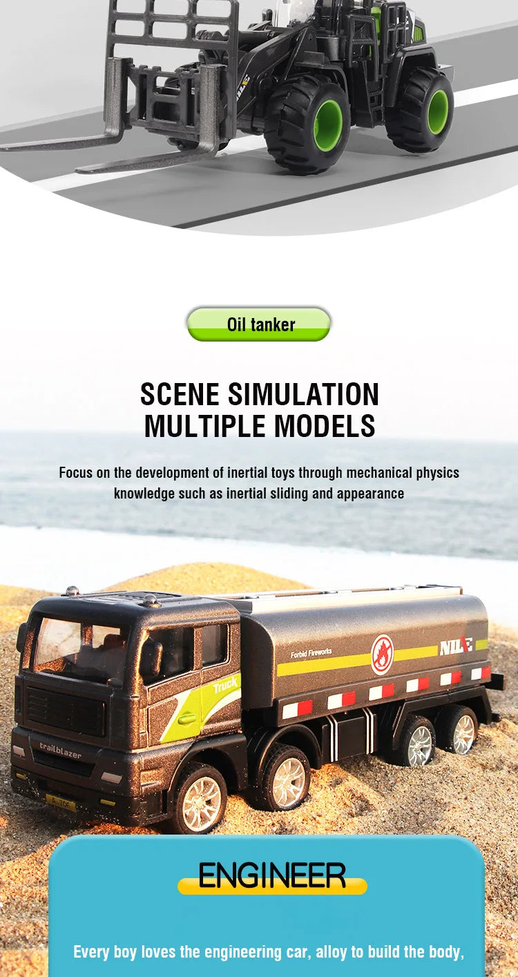 1/50 Diecast Alloy Inertia Engineering Vehicle Model Excavator Crane Forklift Road Roller Collectible Toy Gifts For Boys Kids