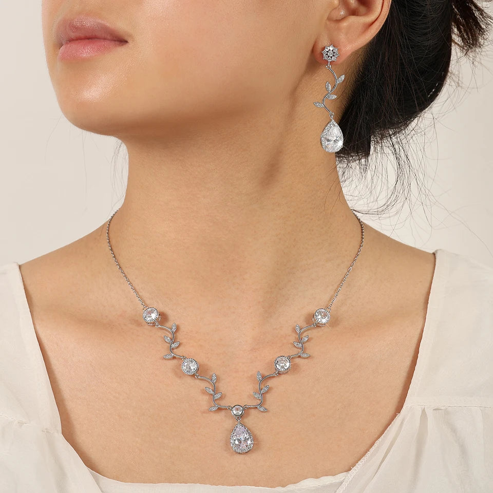 ZAKOL Classic White Rose Gold Color Cubic Zirconia  Bridal Jewelry Sets Leaf Shape Choker Earrings Wedding Dress for Women