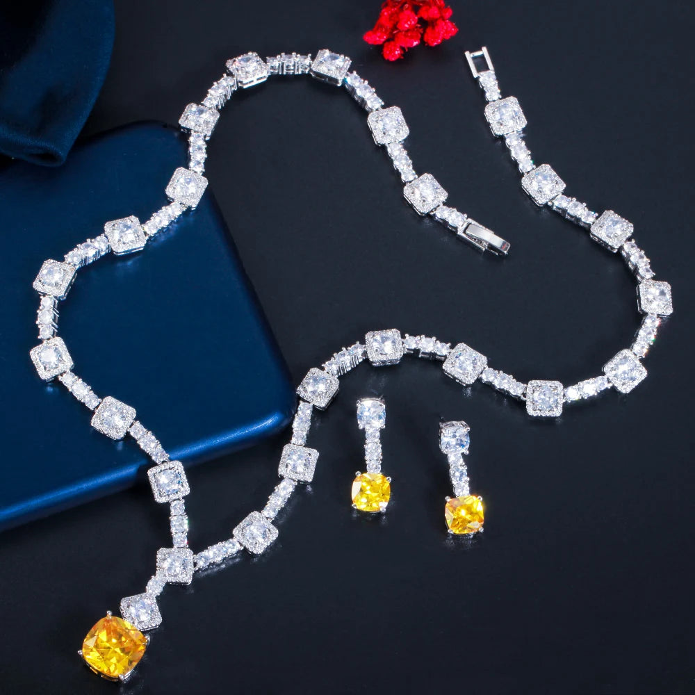 CWWZircons Super Shiny Big Square Yellow Zirconia Wedding Bridal Necklace Earrings Party Costume Jewelry Sets for Women T0726