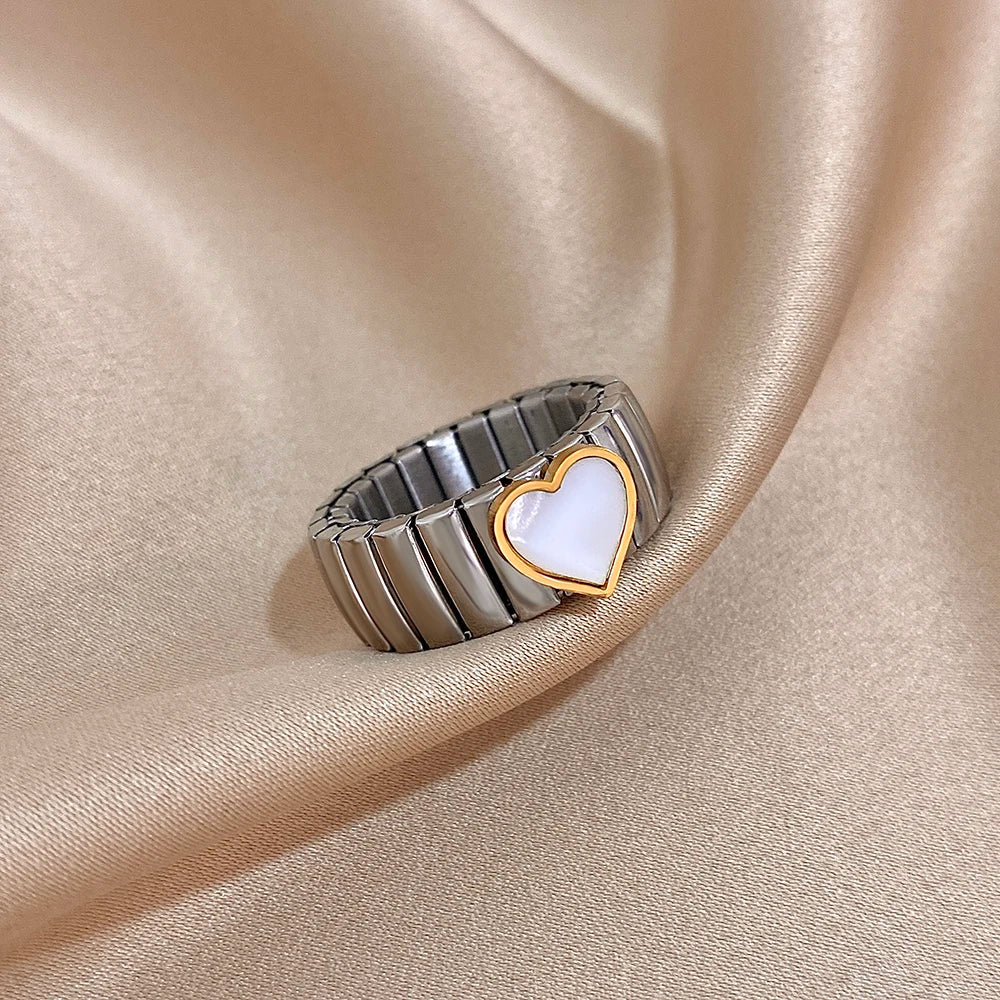 Greatera Elastic Force Stainless Steel Women's Ring Heart Pattern Fashion Colorfast Wide Design Valentine's Day Gift Jewelry