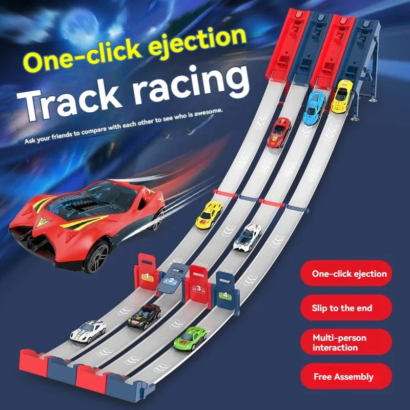 1/2/4 Tracks Mini Car Eject Toy for Boys Portable Rail Race Track Toy 4 Race Diecast Car Carrier Vehicles Set for Kids Boys Gift