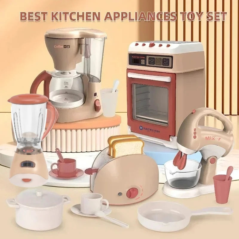 Kids Kitchen Appliances Toy Pretend Play Kitchen Accessories with Blender Coffee Maker Mixer Toaster Vacuum with Sounds & Light