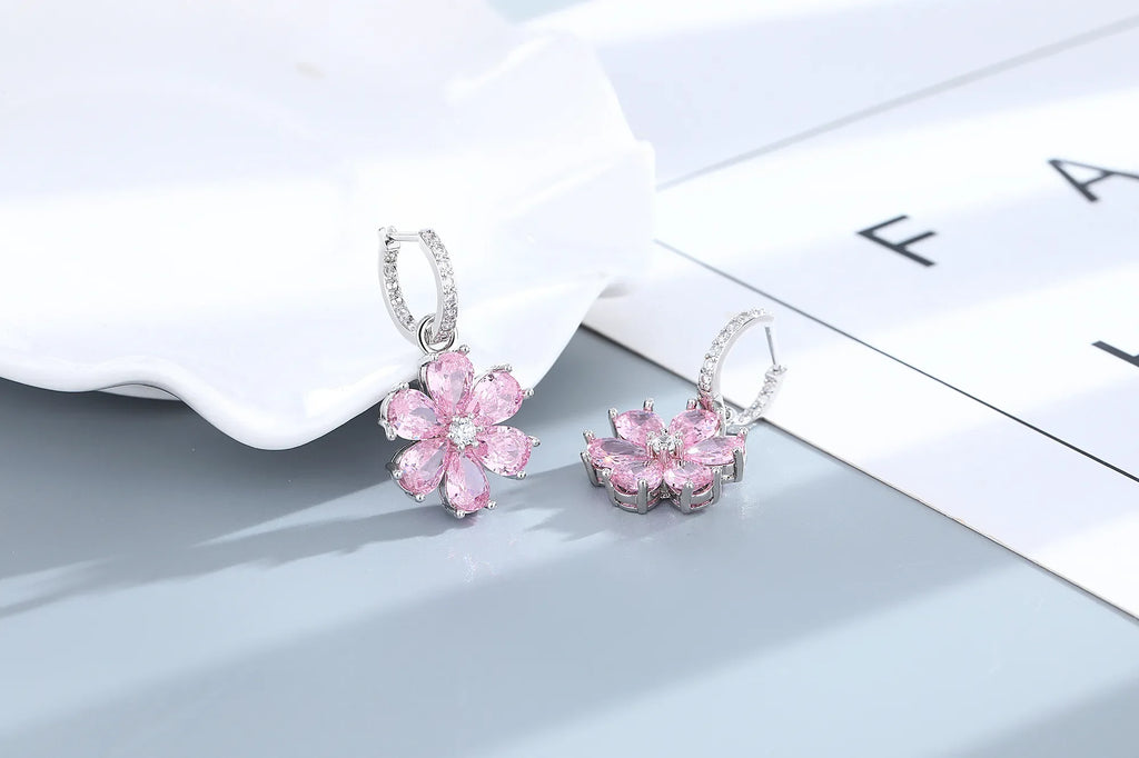 Fashion Wedding Ring for Women Pink Zircon Crystal Flower Pendant Bracelets Earrings Necklace Rings Fine Jewelry Sets FCGJHW