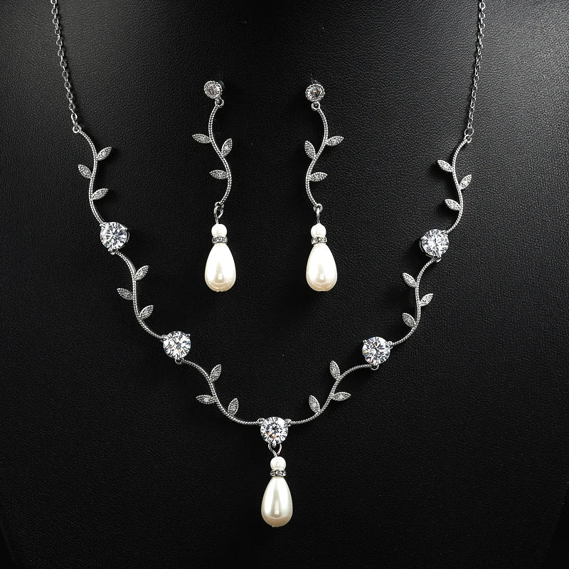 ZAKOL Classic White Rose Gold Color Cubic Zirconia  Bridal Jewelry Sets Leaf Shape Choker Earrings Wedding Dress for Women