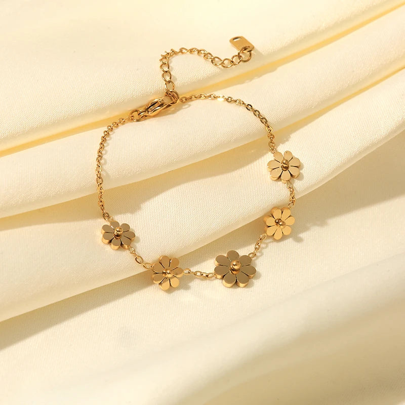 GANEMLY 316L Stainless Steel Daisy Flowers Necklace Earrings Bracelets For Women Fashion Waterproof Jewelry 4-Set Lady Gift