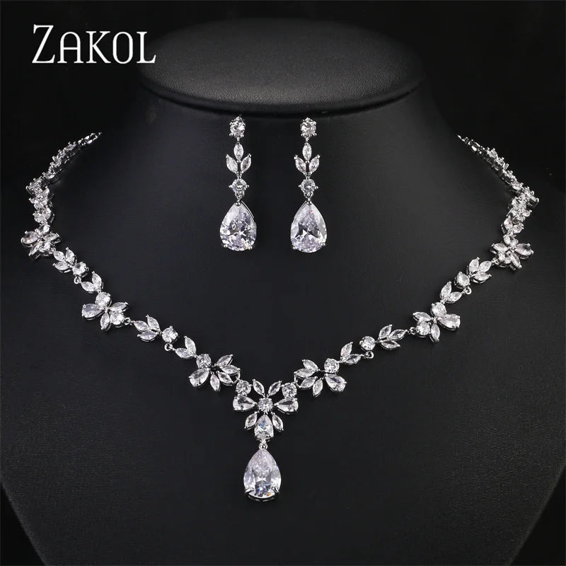 ZAKOL Luxury Brilliant Zirconia Leaf Necklace Earrings Rings Bracelets Set for Women CZ Drop Bridal Wedding Jewelry Sets New