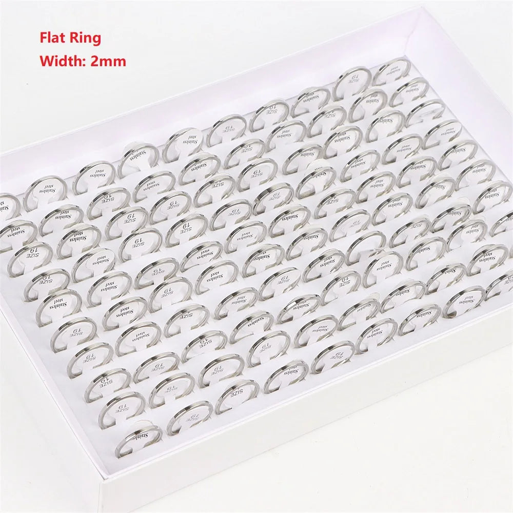 100Pcs/lot Fashion Smooth Stainless Steel Rings For Women Men Width 2-8mm Simple Lovers Jewelry Party