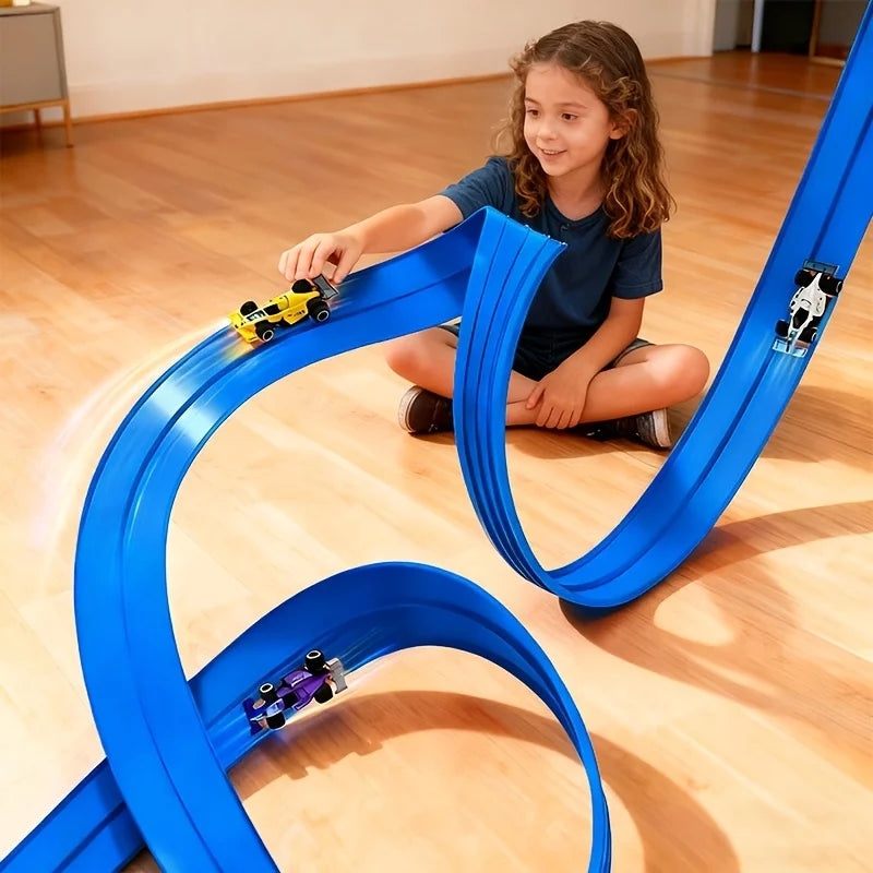 Flexible Race Track Toy Set | 4 Cartoon Cars, 360° Bendable Track, Indoor & Outdoor STEM Play