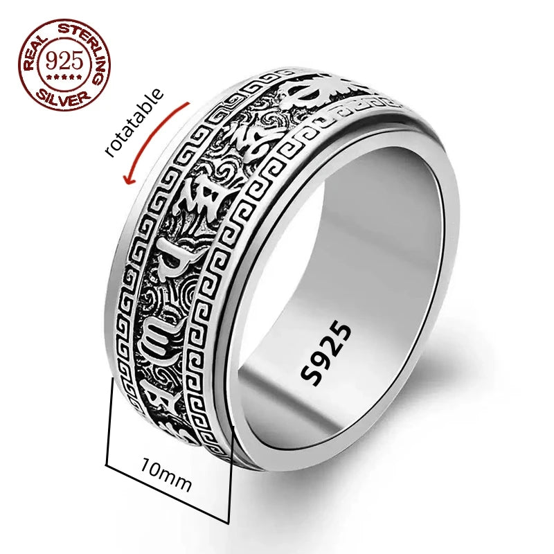 Rotatable S925 Sterling Silver Ring for Men  Vintage Retro Stars Auspicious Cloud Couple Band Women Index Finger Accessories