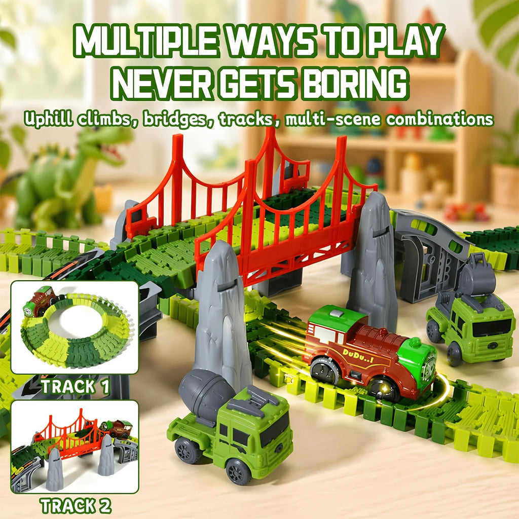 3-Layer Dinosaur Race Track Set with Cars, DIY Flexible Educational Construction Toy Gift for Kids Boys Birthday Christmas