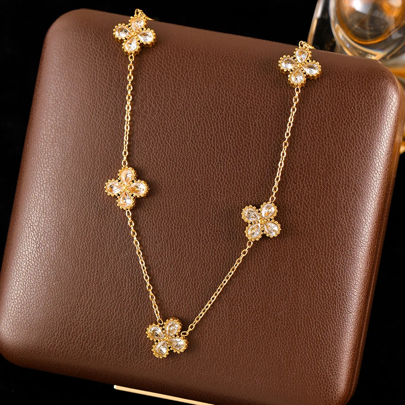 GANEMLY Stainless Steel  Sparkling White Zircon Flower Necklace Bracelet Earrings Set For Women Trendy Waterproof Jewelry Gift