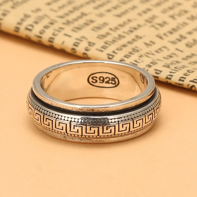 Factory Price S925 Sterling Silver Great Wall Pattern Spinner Ring Men Women Real Silver Double-layer Rotatable Rings Jewelry