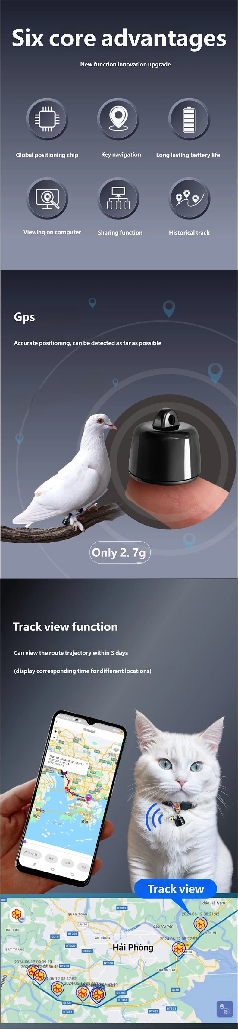 Mini GPS Pet Tracker Global Locator Compatible With Android ISO For Dogs Cats Birds 3 Days Movement Tracking Device