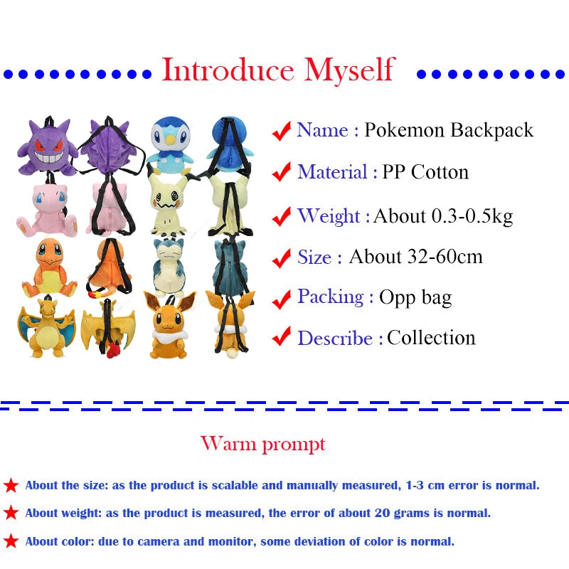 New Arrival Pokemon Plush Backpack Anime Gengar Charizard Piplup Eevee Mimikyu Soft Stuffed Schoolbag Shoulder Bag Toy for Kids