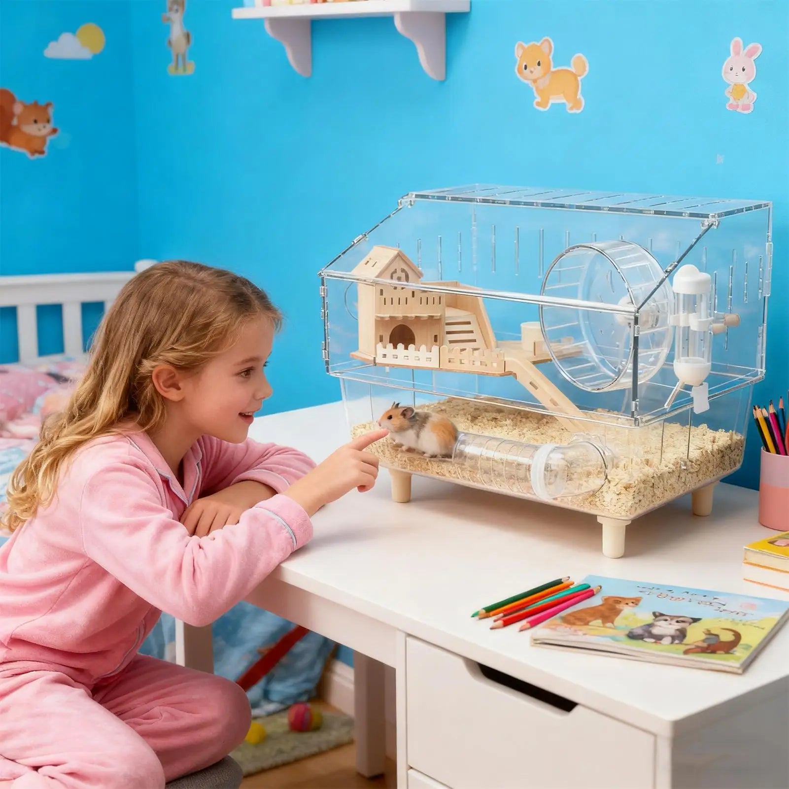 Hamster Habitat 2-Layer Clear Habitat 17.7x11x13.3 Inch Acrylic Small Animal House for Monitoring Breeding Hedgehog Ferret