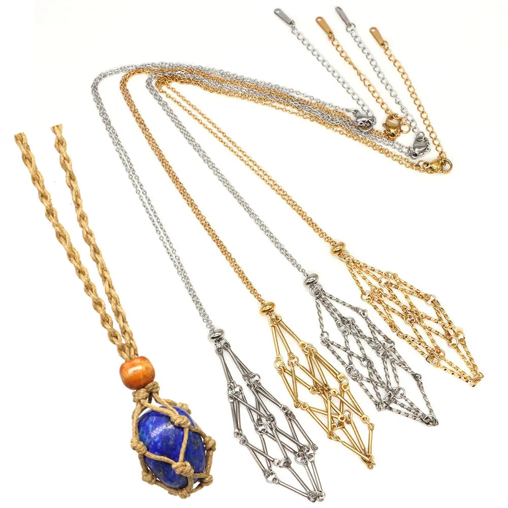 Crystal Cage Necklace Empty Stone Holder Wax Rope Stainless Steel Chain Adjustable Pendant Net Bag Natural Gem Jewelry Accessory
