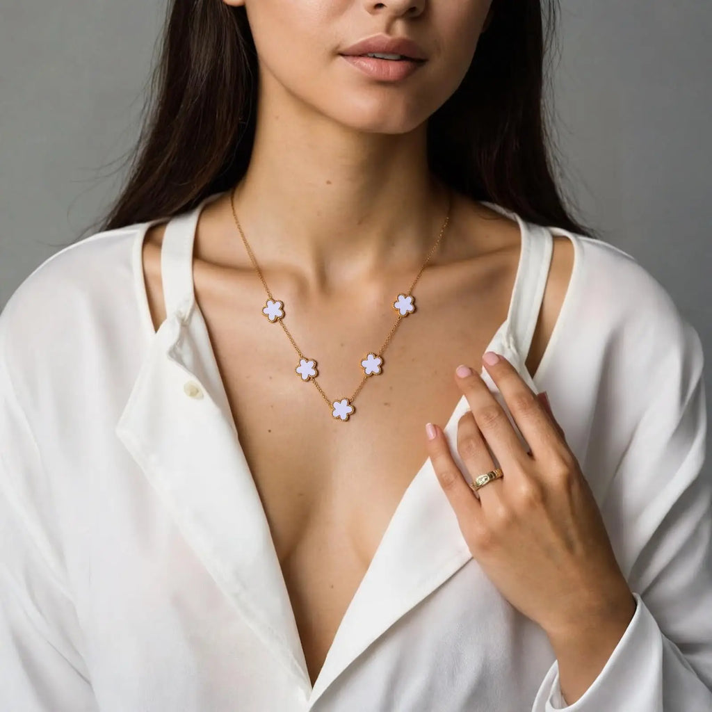 Fashion Flower Necklace Earrings Set Jewelry Women Stainless Steel White Shell Clover Bracelet Jewelry Accessories