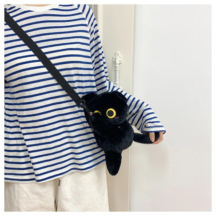 Black Cat Backpacks Big Eyes Kitten Doll Plush Kawaii Stuffed Animals Shoulder Bag Large-capacity Soft Toy Fashion Crossbody Bag