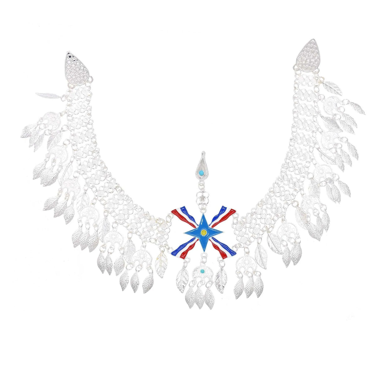 Silver Plated Assyrian Belt Hair Accessories Earrings for Women Kurdish Assyria Ethnic Colorful Flag Leaf Tassel Jewelry Sets
