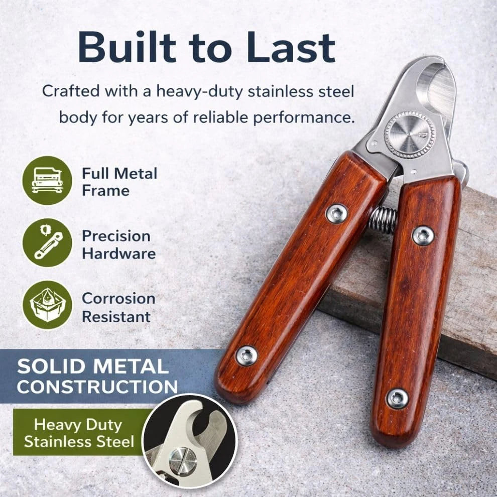 Wood Handle Pet Nail Clippers for Dogs & Cats Razor Sharp Stainless Steel Blades Ergonomic Wooden Grip Trimmer with Safety Stop
