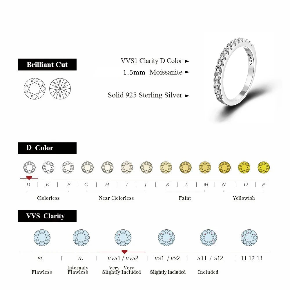 Moissanite Ring 925 Sterling Silver with White Gold Plated Full Diamond Eternity Band Engagement Wedding Rings for Women