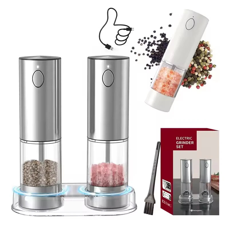 USB Rechargeable Automatic Pepper Grinder Salt And Pepper Mill Adjustable Coarseness Spice Grinder with LED Light for Kitchen