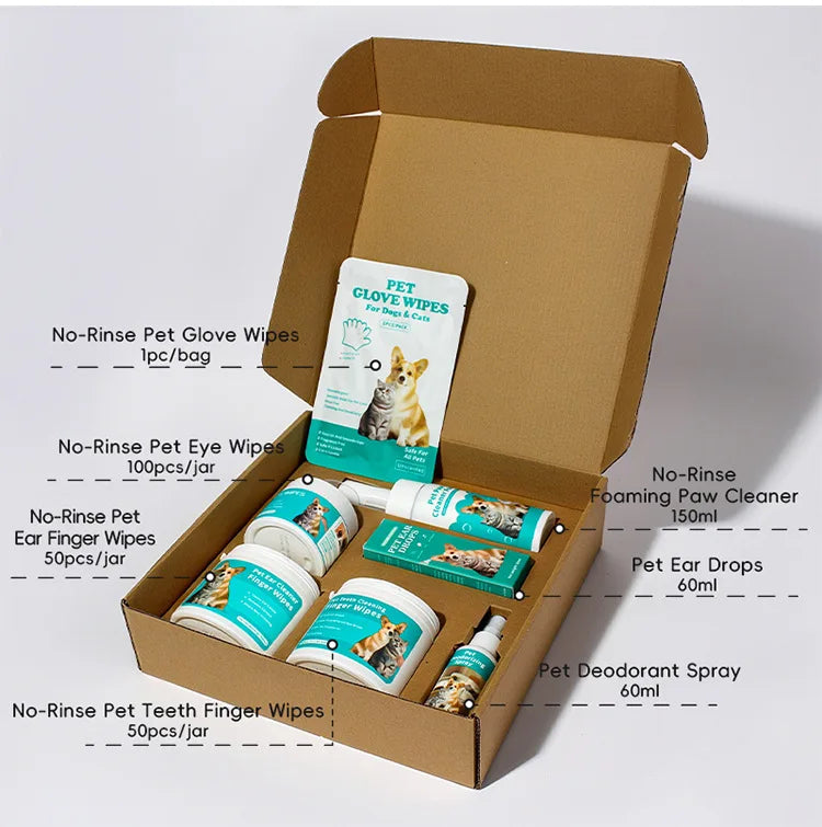 Pet Cleaning Kit for Dogs Cats No Rinse Wipes Set Eye Ear Teeth Paw Cleaner Deodorant Spray Drops All in One Pet Care Supplies