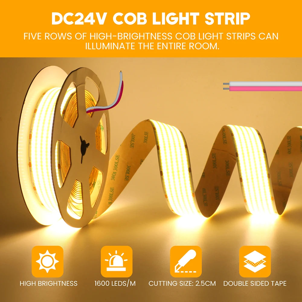 12V 24V COB LED Strip Light 1 2 5 Rows Super Bright 320 600 1600LED/M Flexible Tape High Density Linear Lights 3000K 4000K 6500K